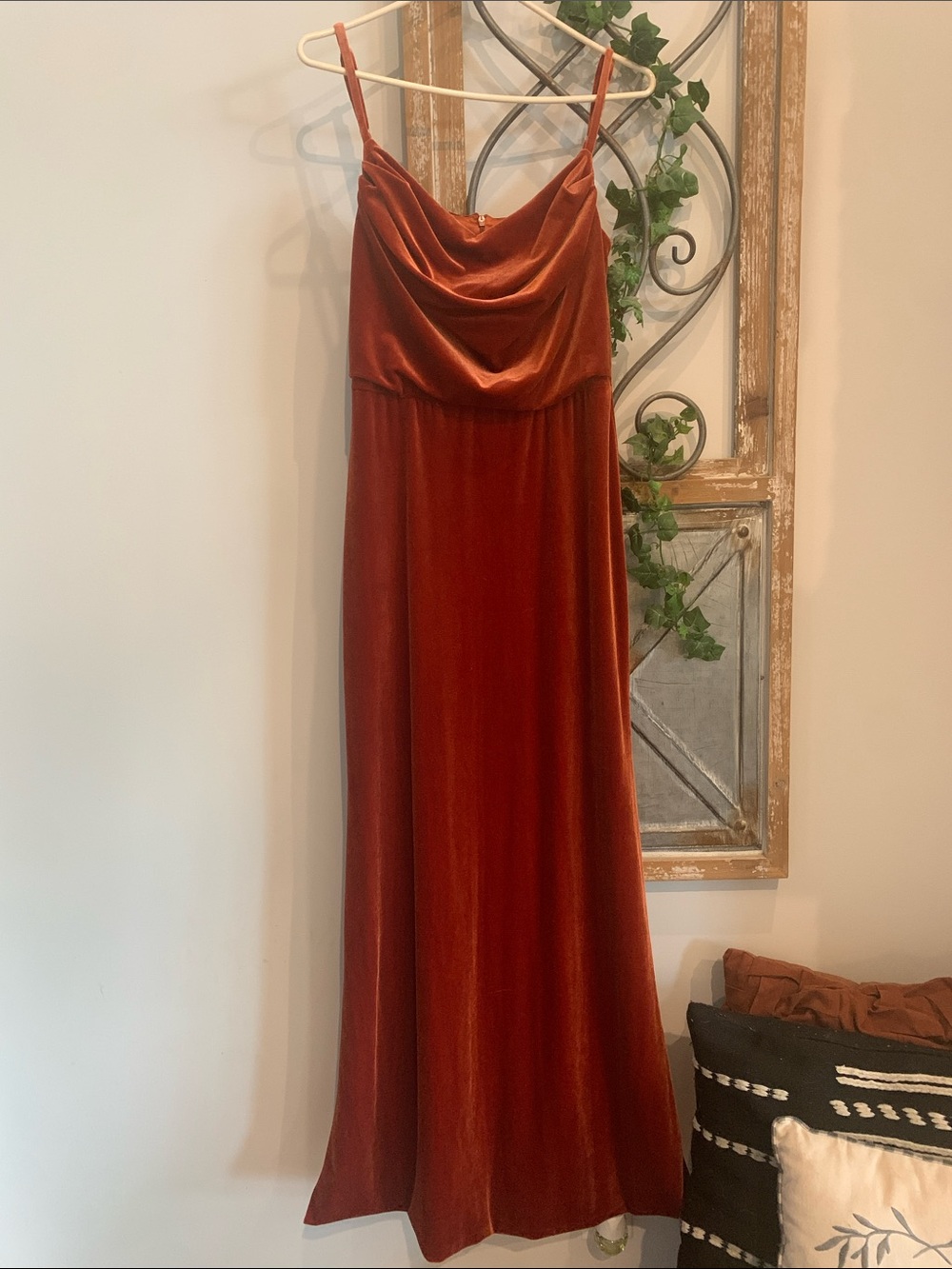 Rust Velvet Cowl Neck Spaghetti Strap Dress
